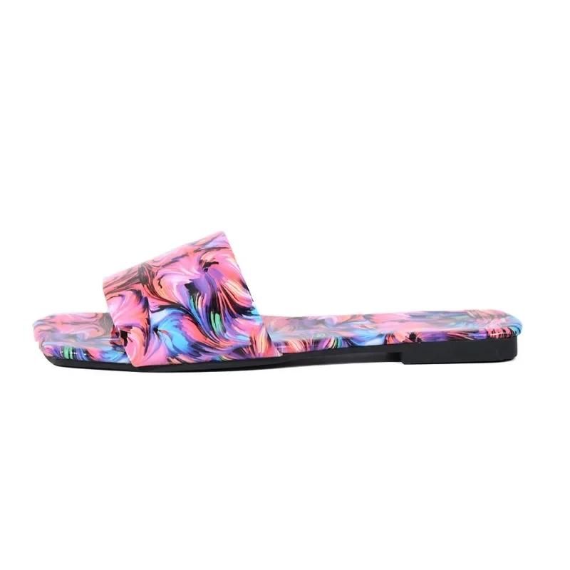 Fashion Ladies Shoes 2024 New Open Toe Square Toe Women's Slippers Summer Mixed Colors Outdoor Casual Beach Flat Large Size Slippers