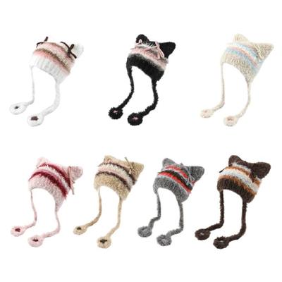 Warmweiße Kätzchenmütze mit Ohren Fellmützen Cartoon-Ohrenmütze Hübsche Schleife Winter-Plüschmütze für Freizeitkleidung