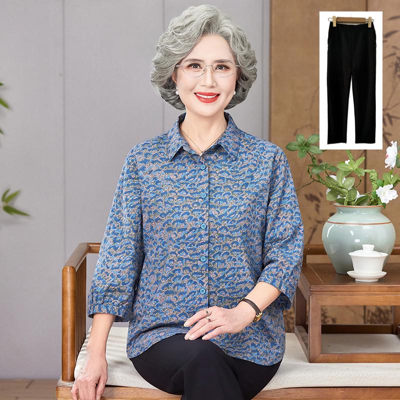 Elderly Women's Spring/Summer Pure Cotton 3/4 Sleeve Shirt for Mom/Wife/Grandma In 60s-70s