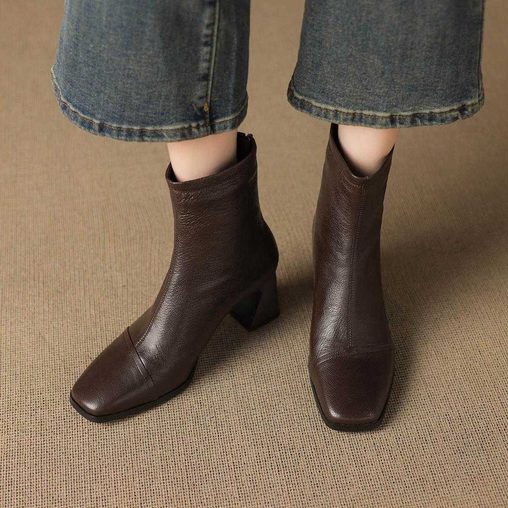 Krazing Pot Sheepskin Winter Square Toe Modern Boots Thick High Heels Zipper Women Ankle Boots