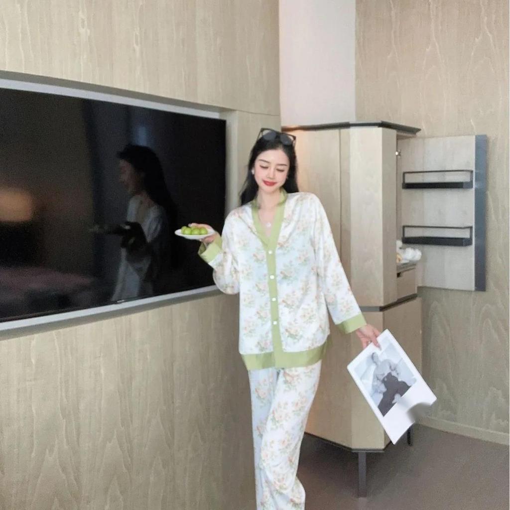 Spring New Pajamas Women's Ice Silk Flower Print Long Sleeved Loose Size Sleepwear