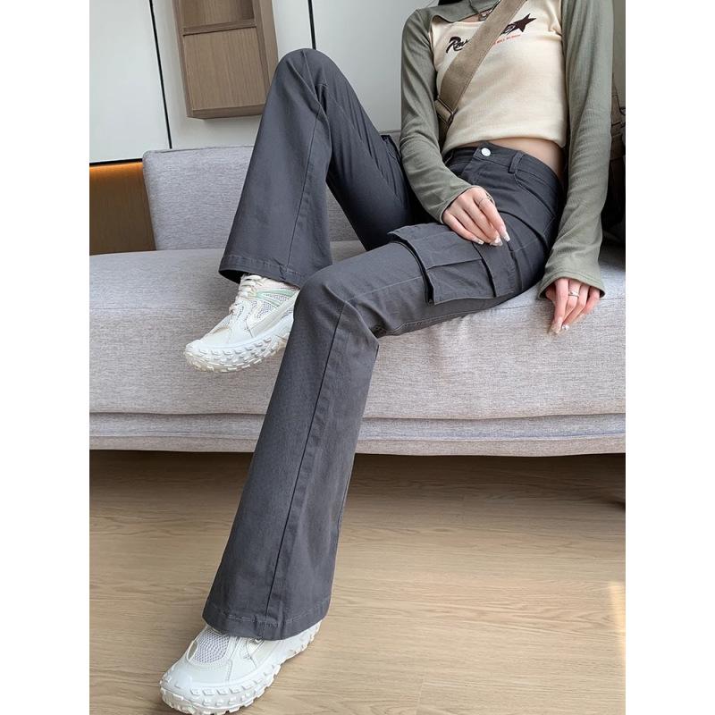 Women's Gray Micro-Flare High-Waisted Cargo Pants, 2025 Spring/Summer Collection - Slimming Multi-Pocket, Floor-Length