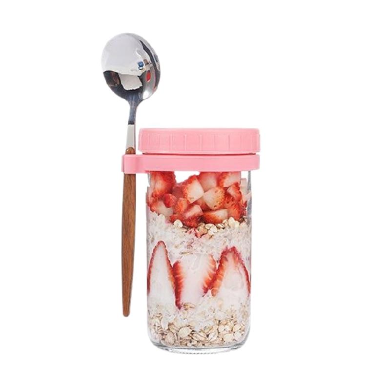 Stable Glass Cups with Lid and Spoon Functional Glass Oats Container With Lid And Spoons Perfect For Portable Meals
