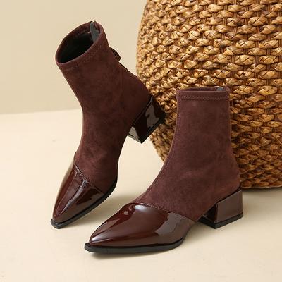 Fashion Winter New Coarse Heel Cotton Boots Women's Pointed Back Zipper Splicing Suede Anti-slip Wear-resistant Short Boots