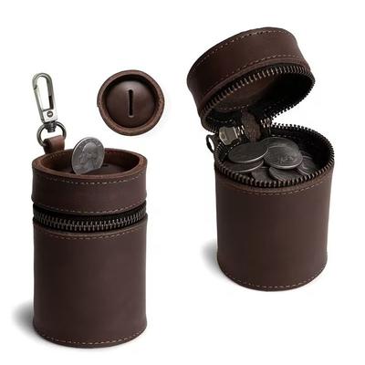 PU Leather Coin Bank Vintage Style Zipper Closure Coin Purse Round Cylinder Shape Coin Slot Keychain Coin Holder Daily Carry