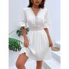Women's New Summer Splicing Lace Fashion V-neck Waist Solid Color Dresses