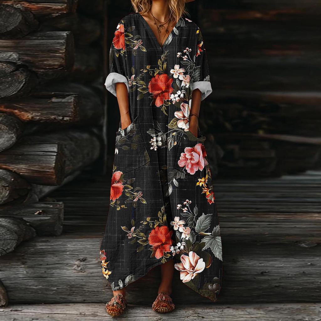 Abito da Donna Casual Svasato Scollo a V Vacanza Boho Spiaggia Vestito Estivo