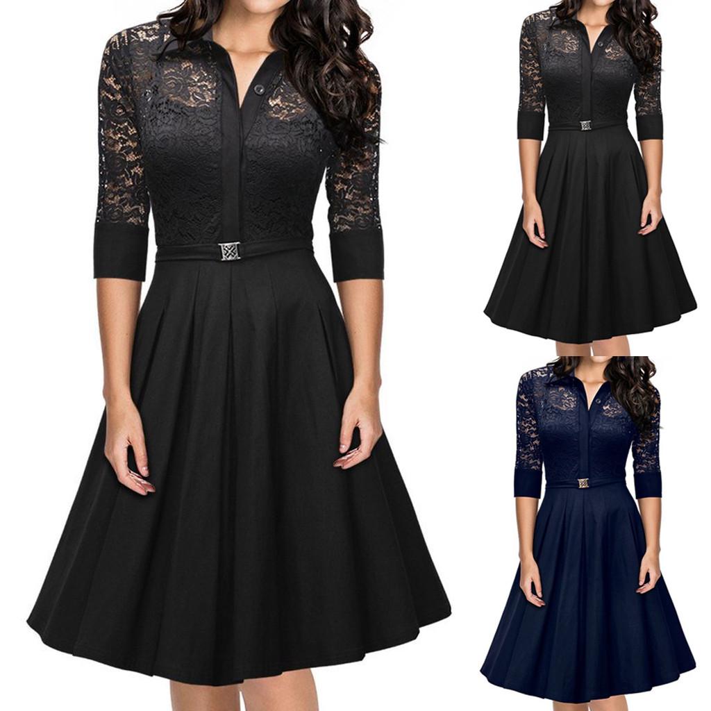 Plus Size Women Lace Long Sleeve Midi Dress Ladies Cocktail Evening Party Dress