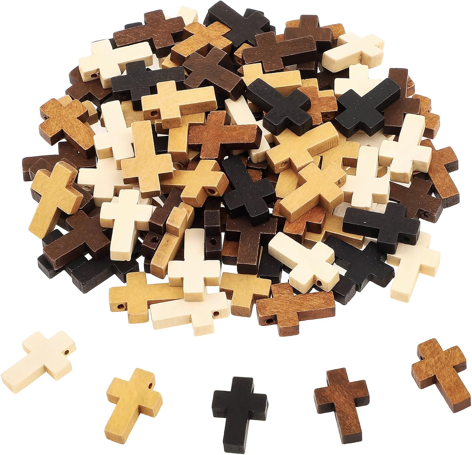 100Pcs Mini Natural Wooden Cross Charms, 5 Colors Small Pocket Cross Pendants For DIY Necklace Bracelet Easter Christian Craft Making