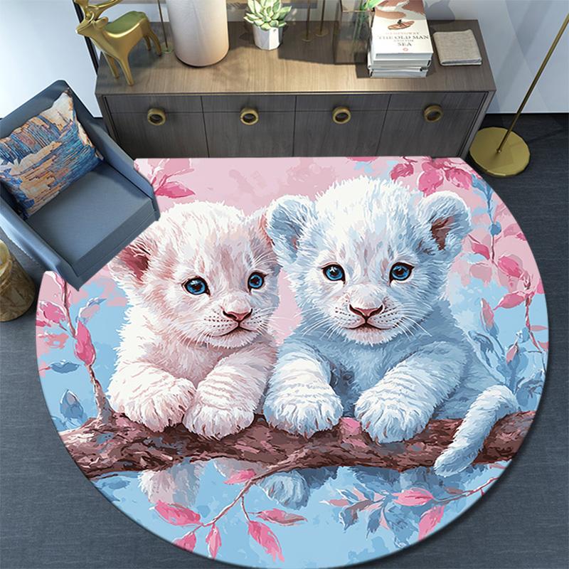 Lion Cubs Round Area Rug,Carpet Rug for Living Room Bedroom Sofa Playroom Decor,Non-slip Floor Mat