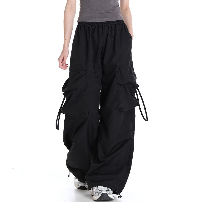 

Plus size women clothing Drawstring Design Sense Black Straight Overalls Women s Chubby Girl High Waist Loose American Casual Wide Leg Pants Black [High-Quality Fabric] 2XL