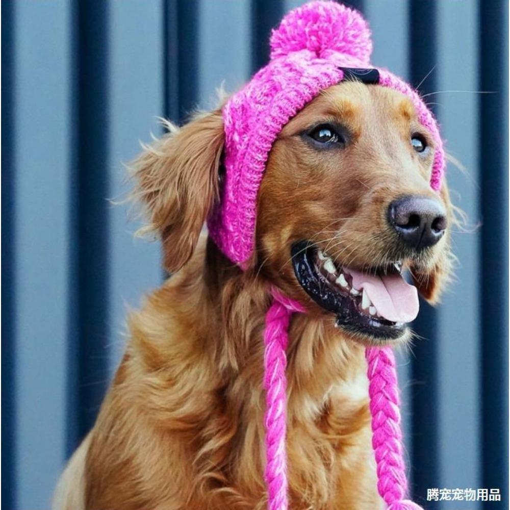 New Pet Headgear Autumn and Winter Hairball Warm and Antifreeze Wind Fluffy Ball Knitted French Bucket Large and Small Dog Knitted Hat
