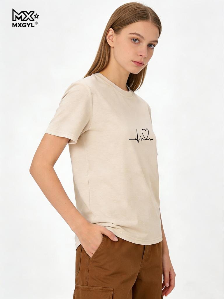 2026 Women's Love Heart Print T-Shirt, Plus Size, Electrocardiogram, Funny Woman Tee Tops, Casual Female T-shirts, Summer