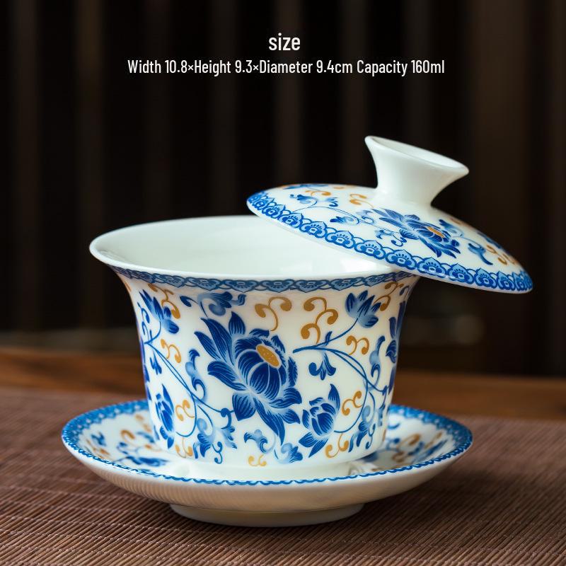 Blue & White Porcelain Covered Kung Fu Tea Bowl - Large Ceramic Sancai Household Set