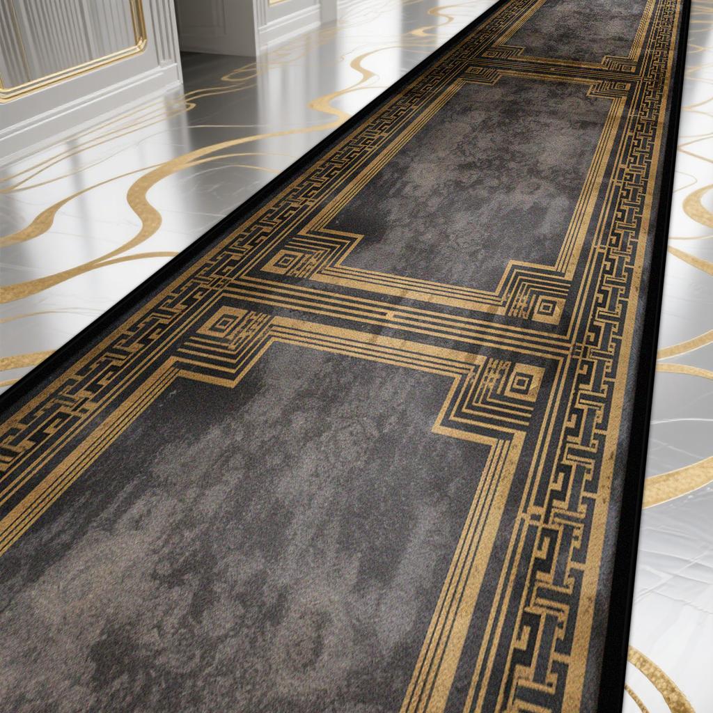 Europäischer Schwarzer Luxus Flur Teppich Langer Flur Treppenhaus Korridor Dekorationen Läufer Teppich Rutschfest Waschbare Bodenmatte Anpassbar
