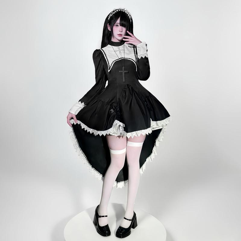 Anime Cosplay Costume Dark Sweet and Cool Embroidered Cross Halloween Nun Costume COS Costume