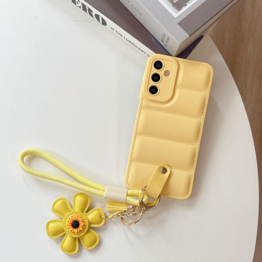 Ins Sunflower Down Jacket Lanyard Case for Samsung Galaxy S25 S24 Ultra S23 S22 Plus A55 A56 A16 A54 A35 A15 Wrist Strap Cover
