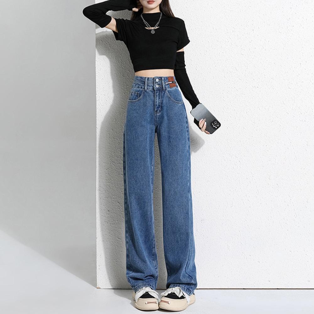 Trendige Persönlichkeit High Waist Doppel-Schnalle Weitbeinjeans Damen Frühling und Herbst neue Pendler Loose Straight Jeans
