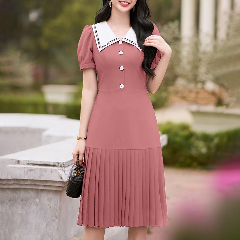 ZANZEA Women Casual Navy Collar Loose Short Sleeve Pleated Dress