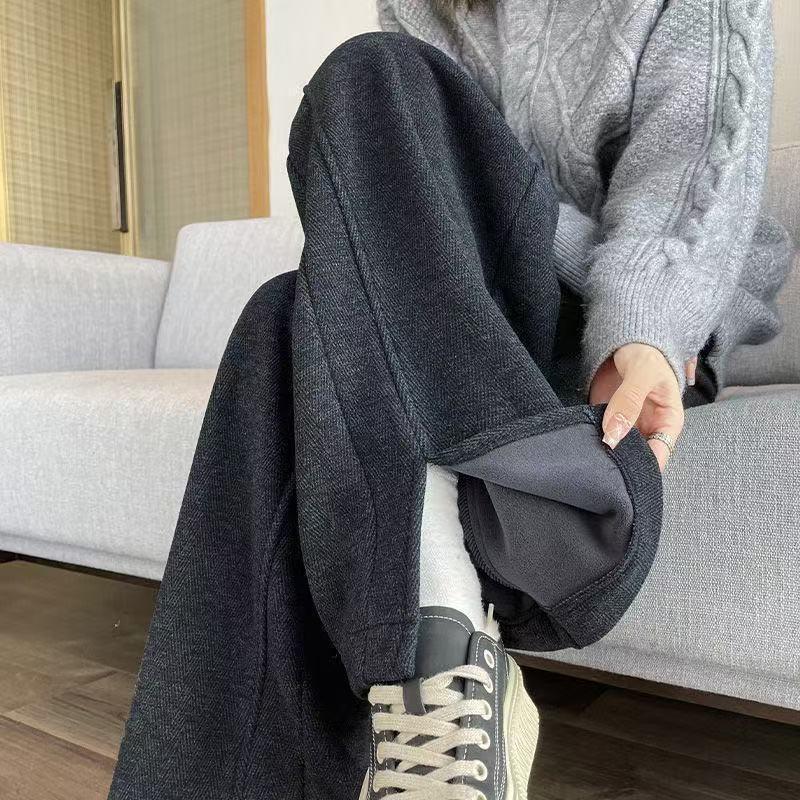 Plus Size Women's Fleece-Lined Wool Blend Split Wide-Leg Pants