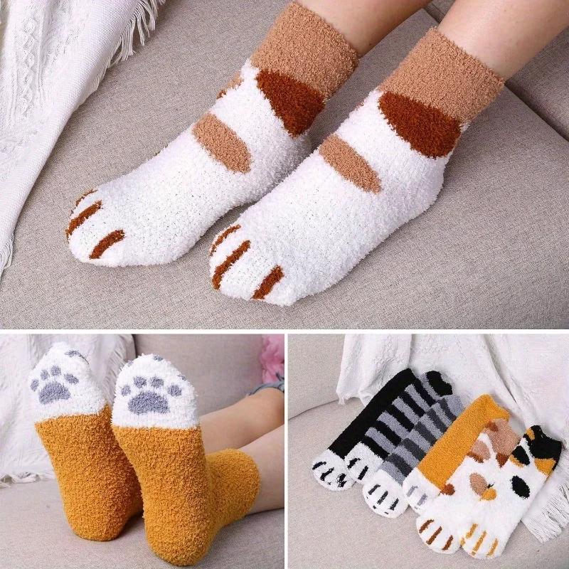 6 paires de chaussettes patte de chat pour femmes - chaussettes d'hiver douces et moelleuses avec poignets élastiques, cadeau de Noël, adaptées aux amoureux des chats