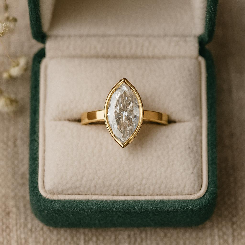 Bezel Set Marquise Cut Moissanite Engagement Ring, Solitaire Wedding Ring, Minimalist Statement Ring, Gift For Her