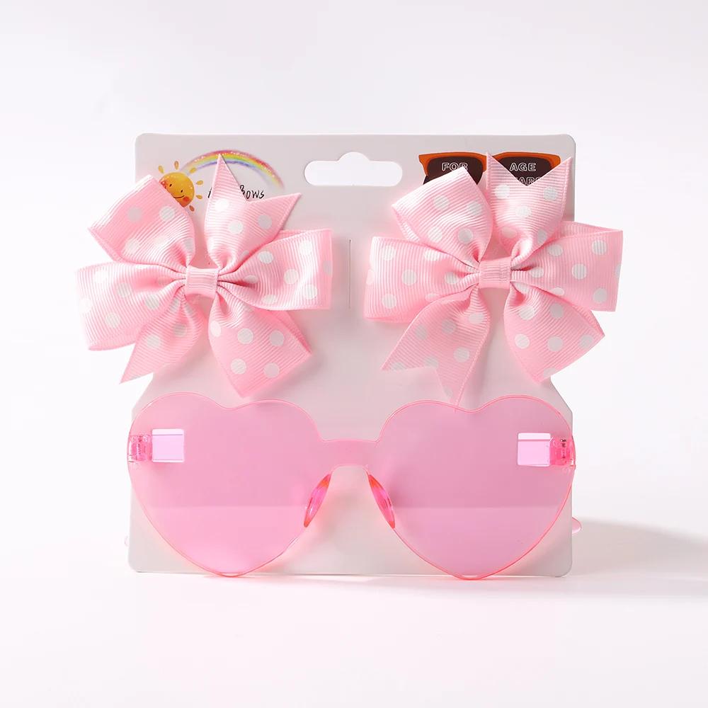 3Pcs/set Kids Cute Solid Dot Hairpin Colorful Heart Sun Glasses Set Girls Boutique Bowknot Hair Clips Children Hair Accessories