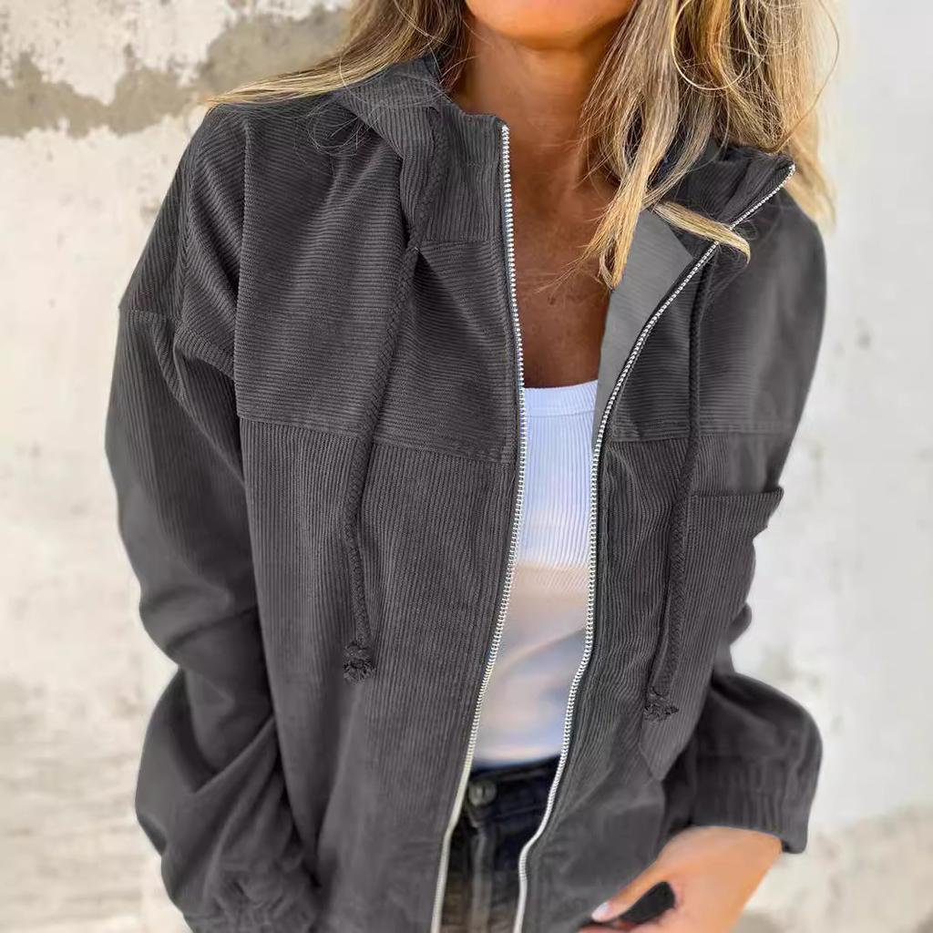 Women's Corduroy Hooded Jacket with Zip Front In Dark Grey, Khaki, Pink, and Blue