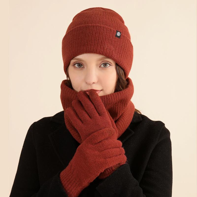 Winter warm thickened hat scarf gloves three-piece set windproof adult knitted hat