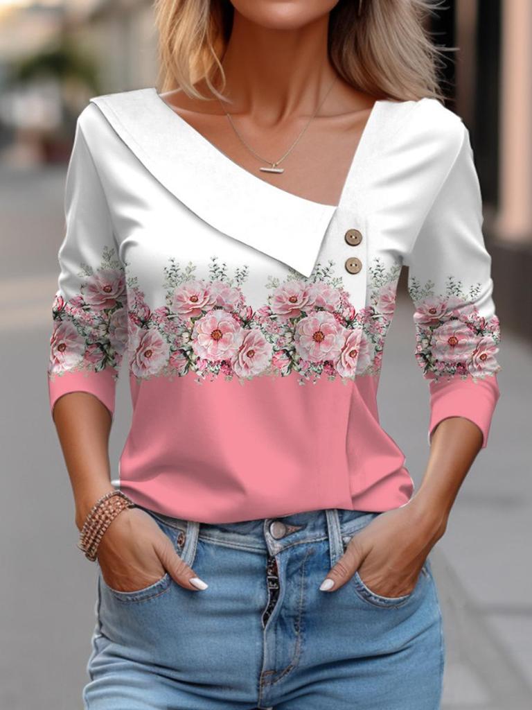 T-Shirt für Damen, modisch, langärmelig, weißes Blumenmuster, Hemden und Blusen, Herbst-Winter-Kleidung für Damen 2024