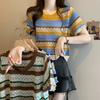 Hollow Out Color Striped Short Sleeved Knitted Sweater for Women French Style Slimming Top