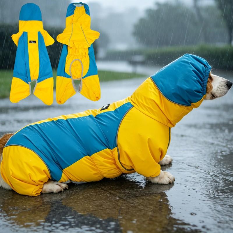 Waterproof Dog Raincoat With Reflective Stripes Full Coverage 4-Leg Design Corgi Small To Large Breeds