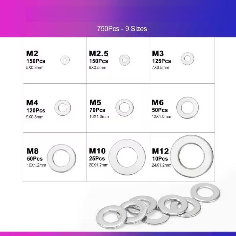 750-Piece Metal Flat Washer Set (M2-M12), Boxed Hardware Washers