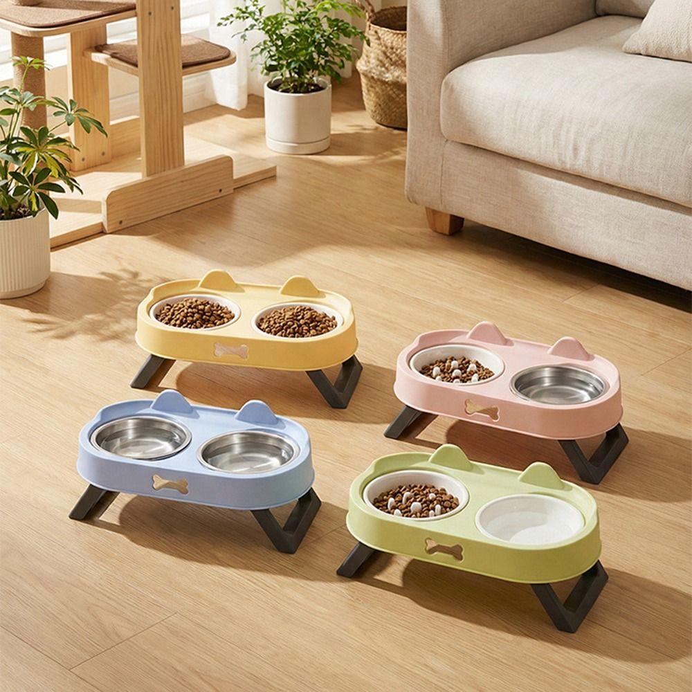 Double Bowl Raised Pet Feeder Stainless Steel Cat Feeding Dish Cat Bowl with Stand For Small Dogs