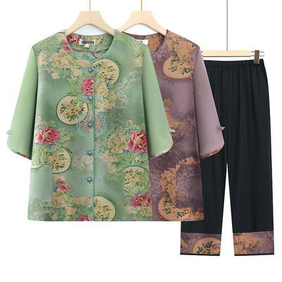 Middle-aged and Elderly Women's Summer Suit: Mid-Sleeve Top and Pants Two-Piece Set