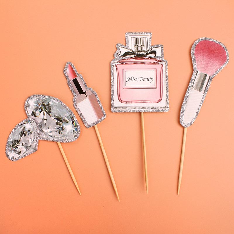 7 STÜCKE Make-up Cupcake Topper Glitzer Kosmetik Lippenstift Wimpern Kuchenspieße Königin Parfüm Wimper Diamant Pinsel Kuchen Topper Set