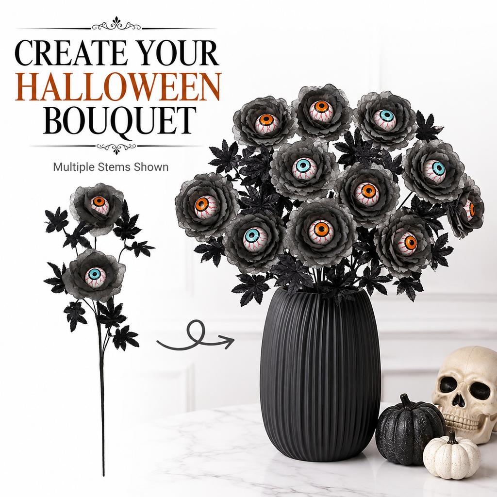 Halloween Eyeball Flower Stem, 50cm Gothic Black Rose Branch with 2 Eye Blooms for Vase Party Table Decor