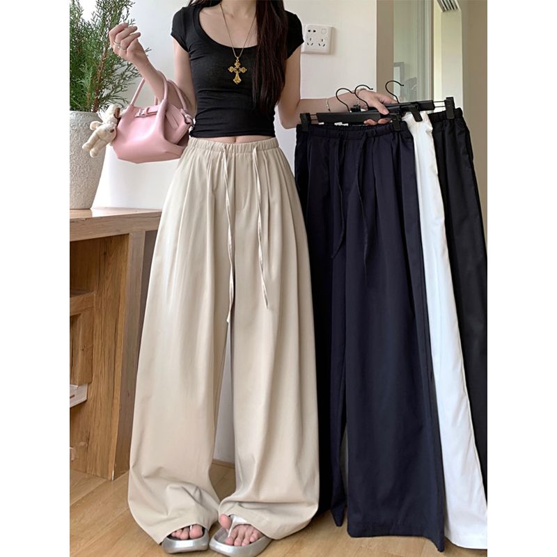 Kumikumi Idle Style Pure Color Elastic Waist Drawstring Casual Pants Women's Autumn Drooping Slimming Loose Pants Pants