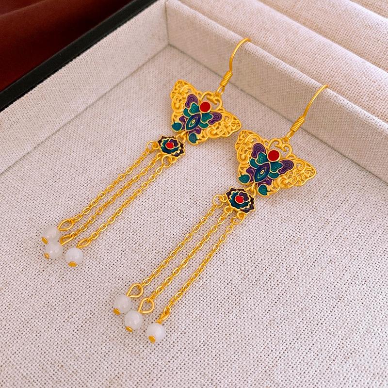 Butterfly Lotus Tassel Ear Hook Earrings Real Gold Temperament High-end Earrings for Women