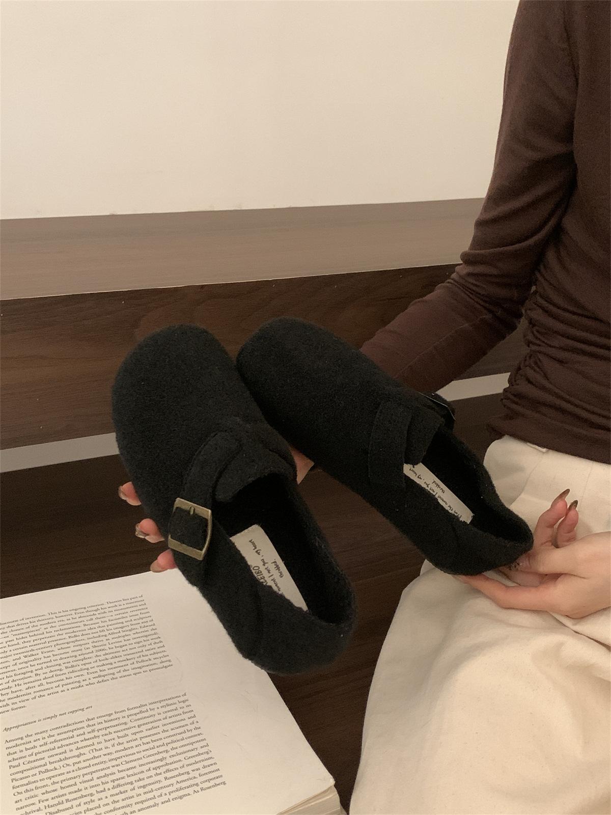 Ретро круглый носок шерстяные велюровые Birkenstocks женские зимние педали для ленивых людей термохлопковые женские туфли уродливо милые туфли с большой головой 35
