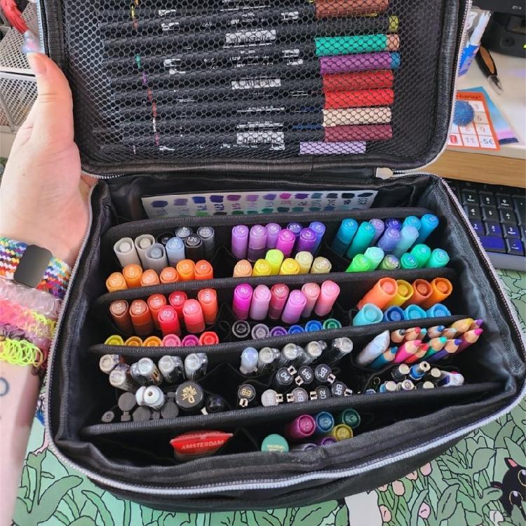 120 Slots Marker Holder Case with Shoulder Strap Large Capacity Multi-layer Markers Holder Carrying Bag for Paint Brush
