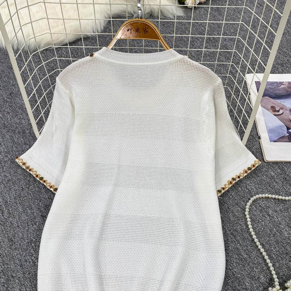 Summer Women O-neck Short Sleeve Sequined Knitted Sweater Pullover Tops