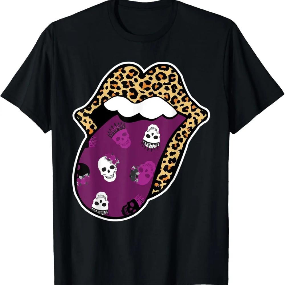 

Leopard Lips Skulls Roses Crown Purple Tongue Sticking Out T-Shirt XXXXXL чорний