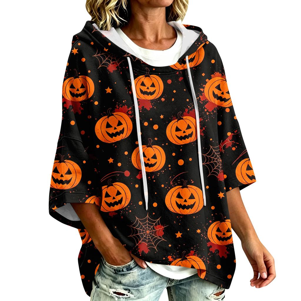 Women's Hoodie with Halloween Print, Loose Fit Casual Pullover Top