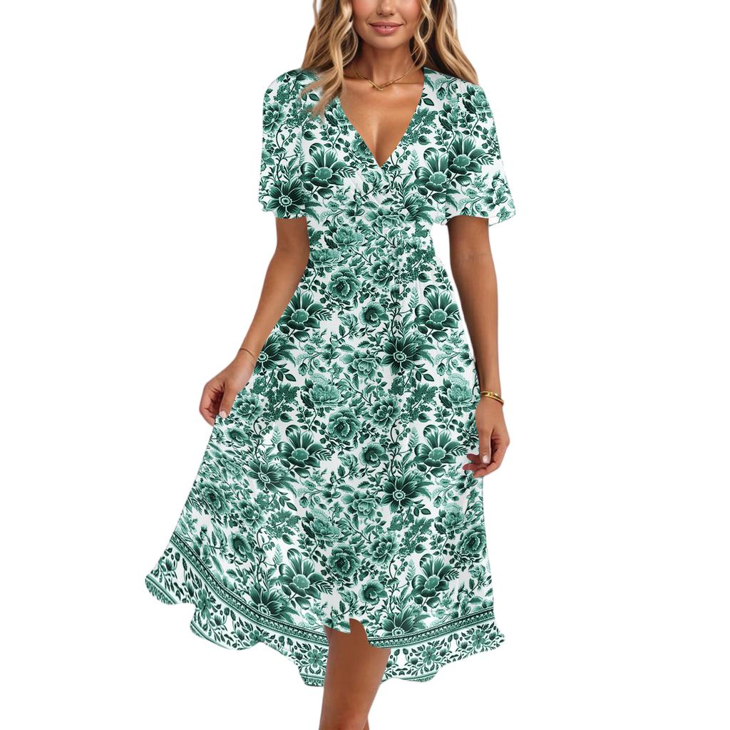 Women's Fashion Casual V Neck Short Sleeve Retro Floral Print Dress Midi Length Lightweight Summer Dress