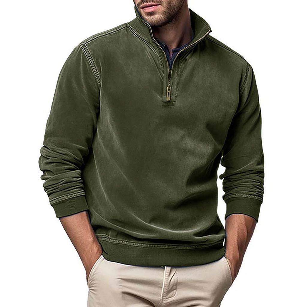 Men's Long Sleeved Zipper Stand Up Collar Sweatshirt Men's Collar Imitation Leather Thread Pullover Top