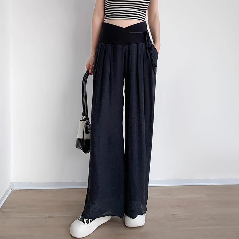 

Maternity pants summer thin ice silk wide-leg pants spring and summer wear low waist pregnancy casual straight Yamamoto pants summer wear S（80-95） чёрный