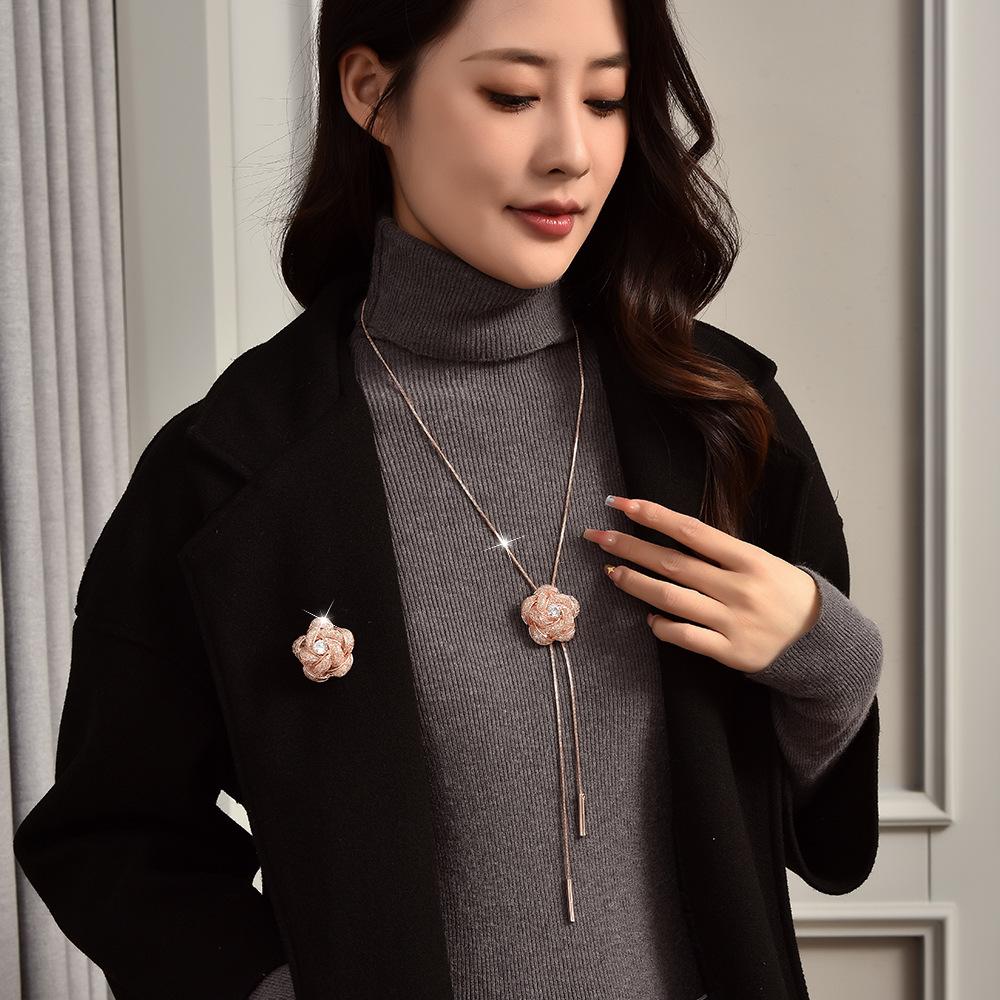 Autumn And Winter Long Rose Flower Necklace Temperament Versatile Net Flower Zircon Versatile Sweater Chain High Sense