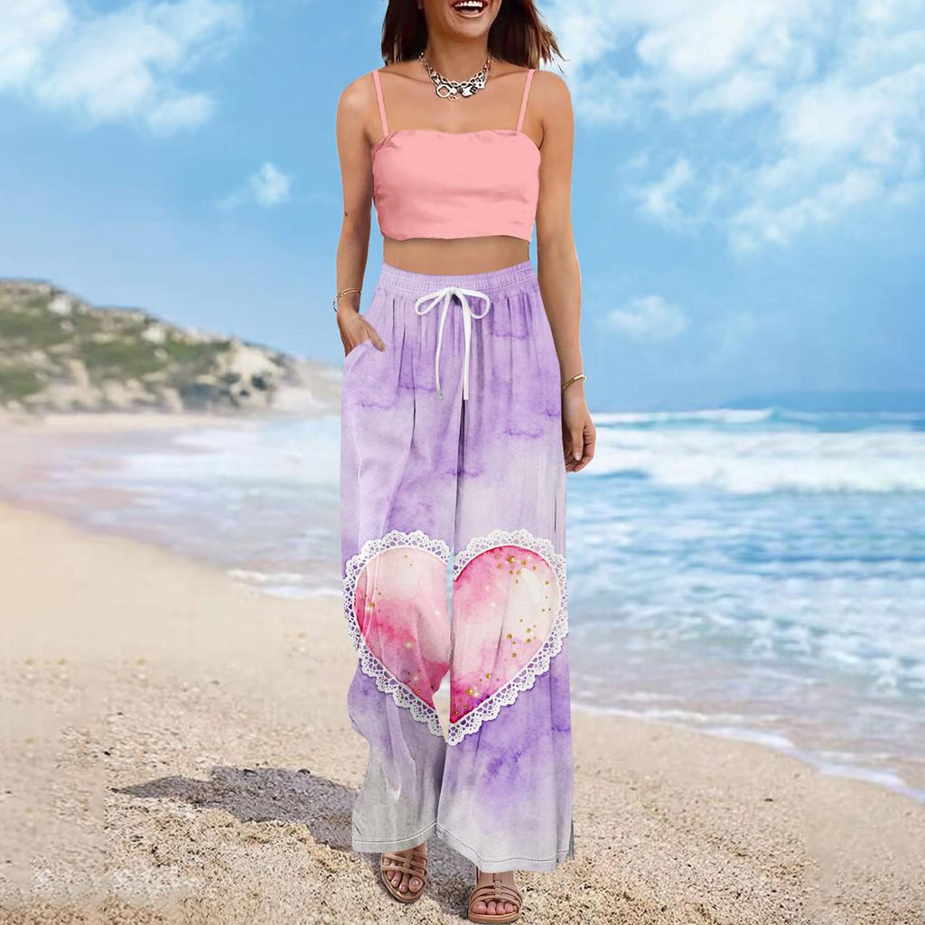 Pantaloni largi cu talie înaltă pentru femei, stil boho de vară, stil palazzo, cu imprimeu, casual, cu buzunare