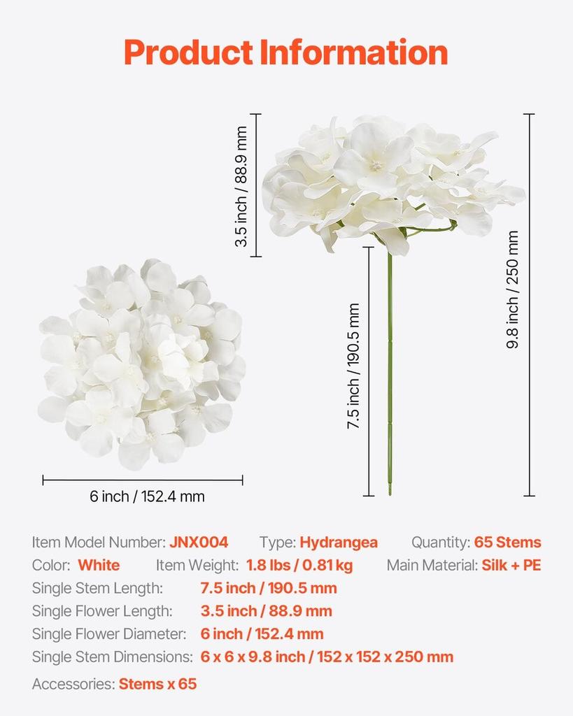 65 Pcs Artificial Silk Hydrangea Flowers 9.8 In Bouquet Arrangement White